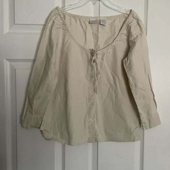 Lee Tops - Vintage Lee Women's Linen and Cotton Beige Button-Up Blouse